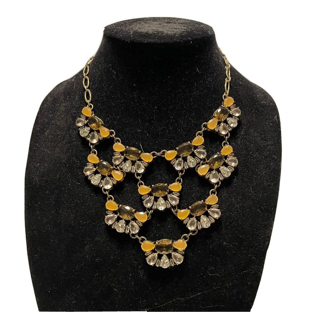 j crew Brown Flower floral Rhinestone  statement necklace Antiqued Gold Tone￼
